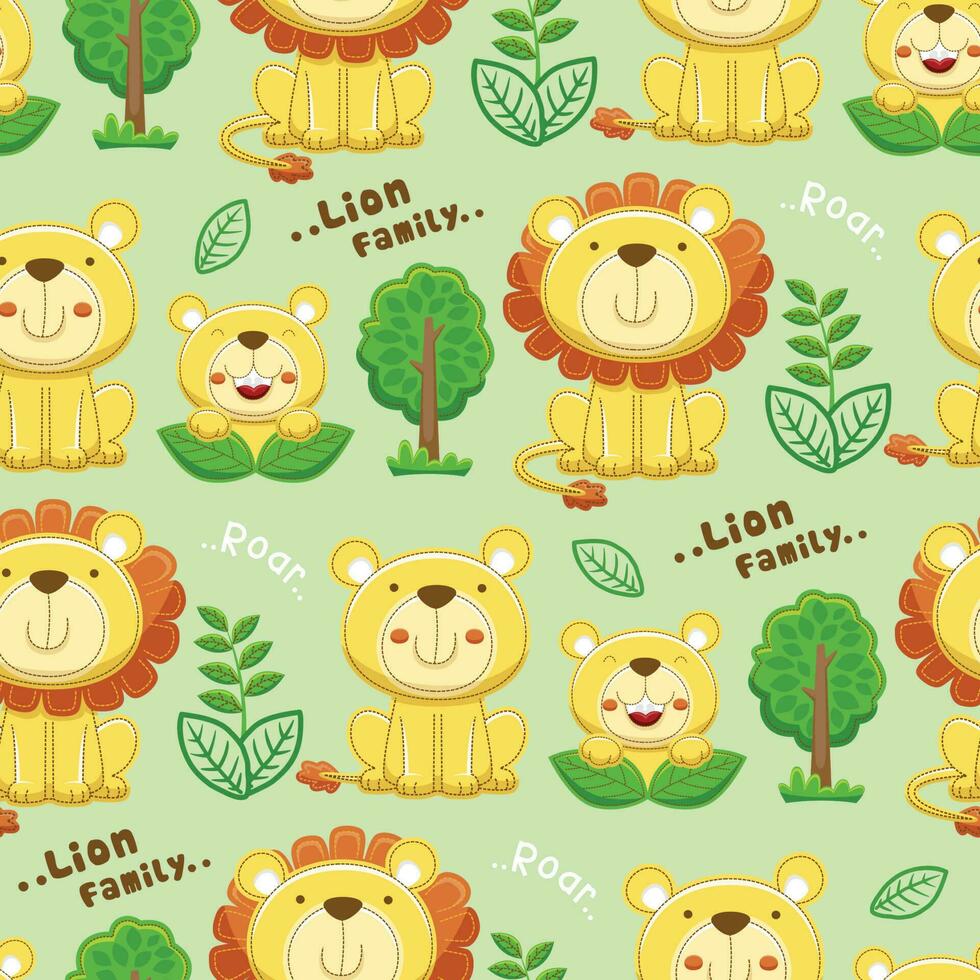 sömlös mönster vektor av tecknad serie rolig lejon familj med träd och blad
