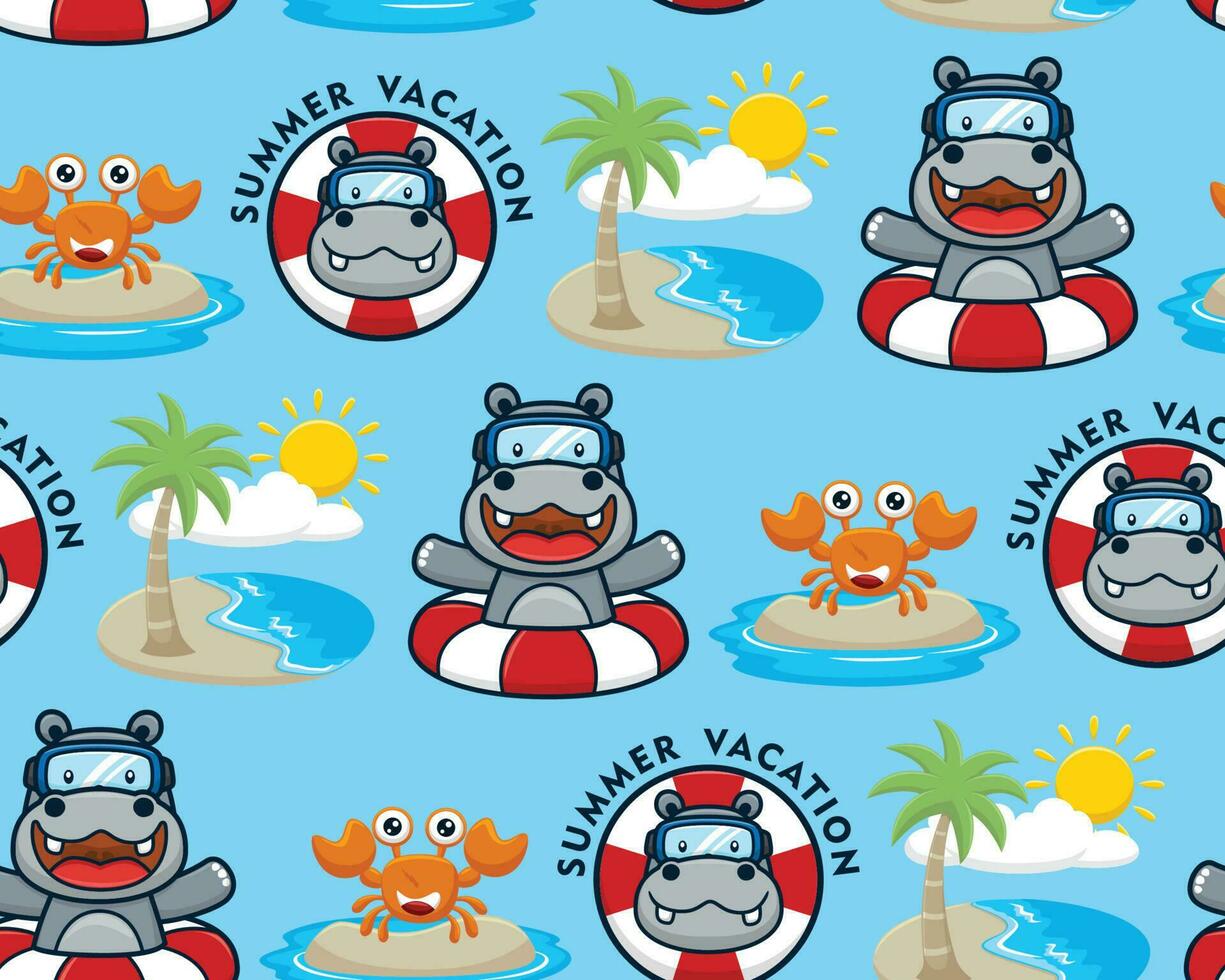 nahtlos Muster Vektor von Karikatur Nilpferd tragen Tauchen Brille auf Boje, komisch Krabbe mit Sommer- Strand Urlaub Elemente