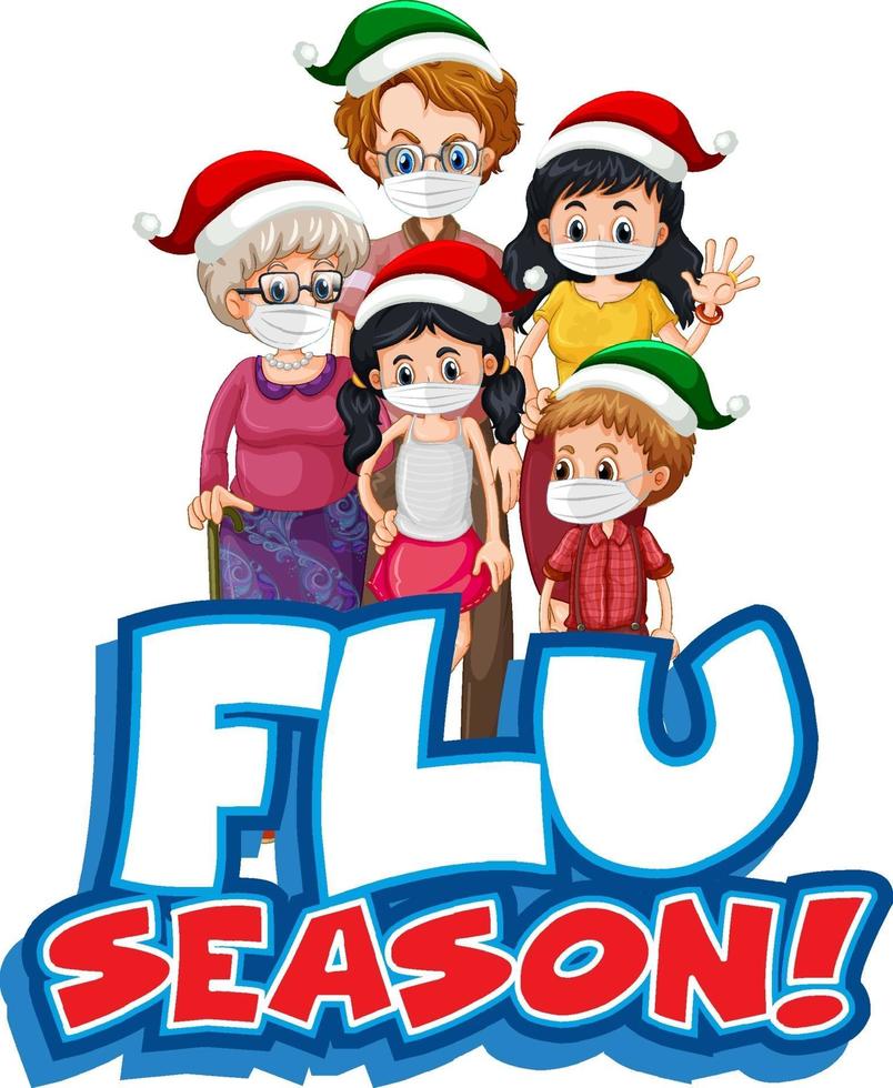 influensa säsong teckensnitt design med familj bär medicinsk mask isolerad på vit bakgrund vektor