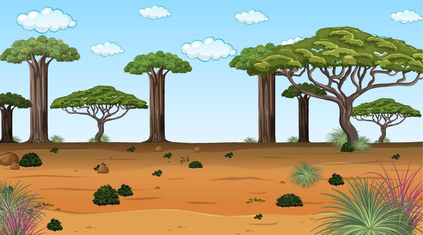 afrikanskt skoglandskap på dagtid med många stora träd vektor