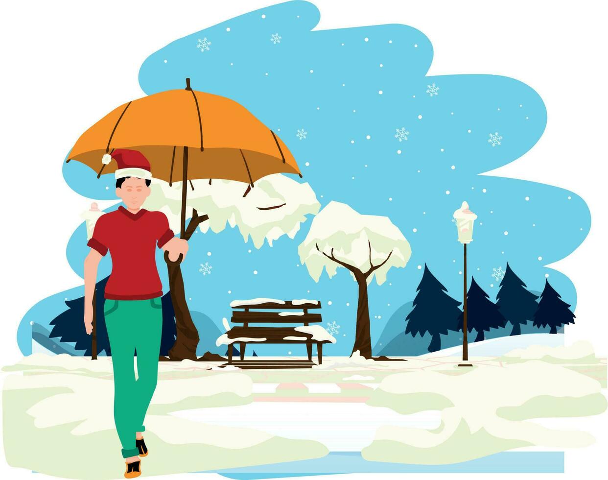 en pojke är gående i de snö med ett paraply. vektor