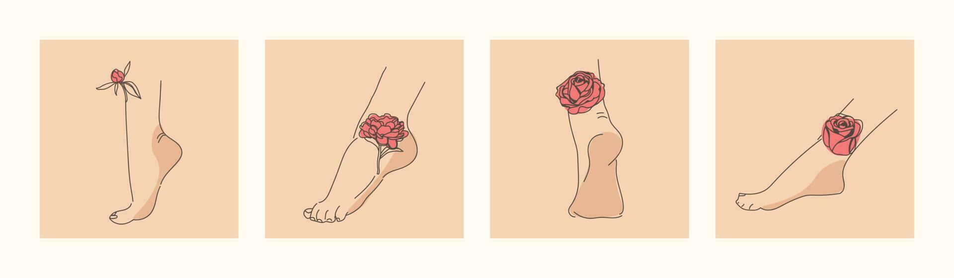 elegant kvinna fötter med blommor. mänsklig ben och hälar och de ro och pioner avbildad på dem. trendig vektor illustration i minimalistisk stil. växter som en tatuering.