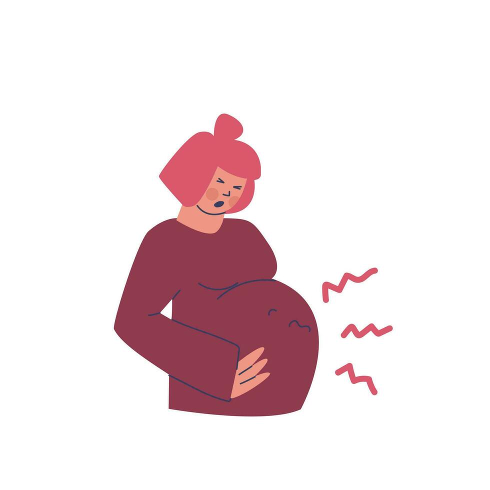 das schwanger Frau Geschrei, Grimassen im Schmerz. Symptome und Probleme damit verbundenen mit erwarten ein Baby. das Kind bewegt sich innen. Vektor Karikatur Illustration von lila, Gelb, Rosa Farben.