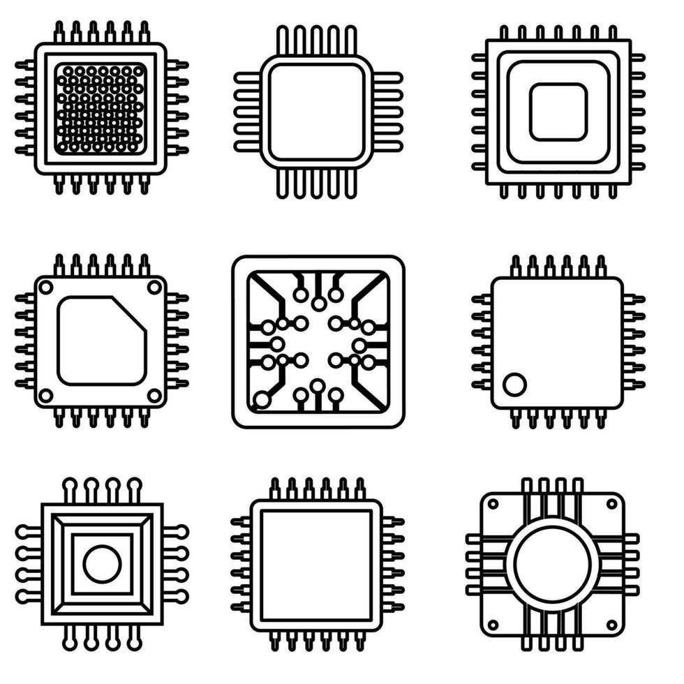 Chip Vektor Symbol Satz. Mikrochip Illustration Symbol Sammlung. Zentralprozessor unterzeichnen. Ader Logo.