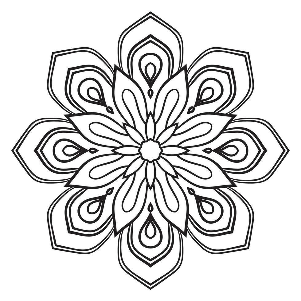 Blumenmandala mit schwarzem Umriss. kritzeln sie rundes dekoratives element für das malbuch, das auf weißem hintergrund lokalisiert wird. floraler geometrischer Kreis. vektor