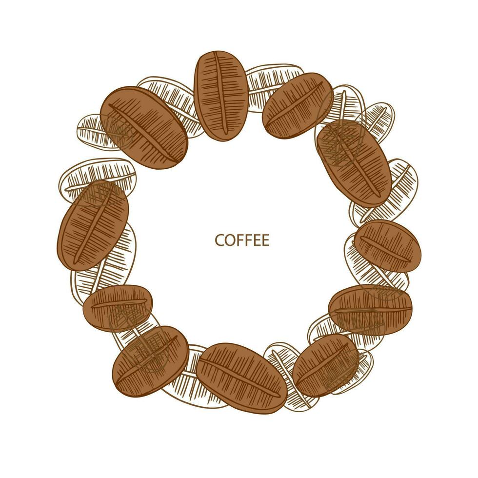 Vorlage mit Kaffee. Rahmen mit kaffeefarben. Illustration von ein einstellen von handgemacht Kaffee Bohnen im ein skizzenhaft Stil.für Etikett, drucken, Logo, Hintergrund zum Text. Design Element. Vektor