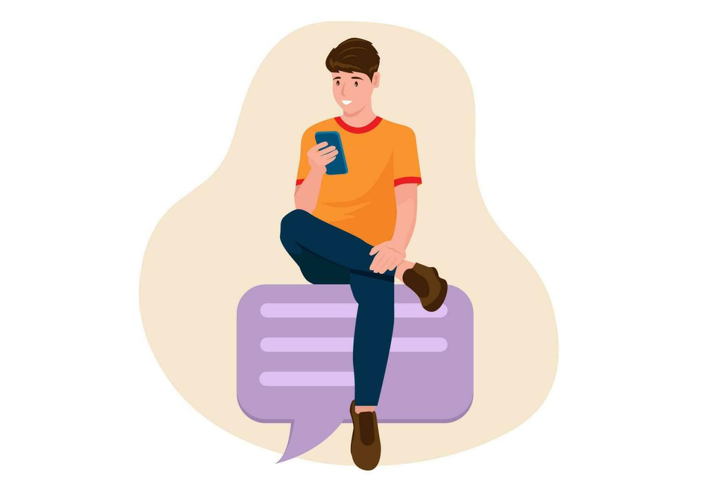 ung man använder sig av smartphone till chatt uppkopplad med vänner sitta på de Tal bubbla. vektor illustration