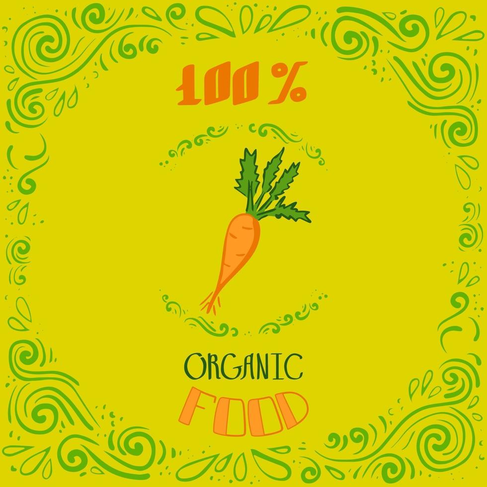 Dies ist eine Doodle-Illustration von Karotten mit Vintage-Mustern und Schriftzug 100 Prozent Bio-Lebensmittel vektor