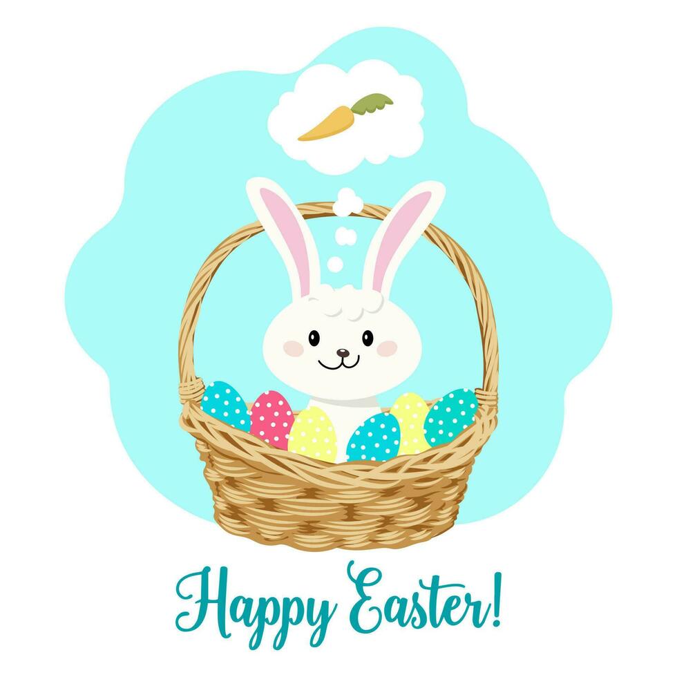 Ostern Karte, süß Hase im ein Korbweide Korb mit Eier. Baby drucken, Illustration, Vektor