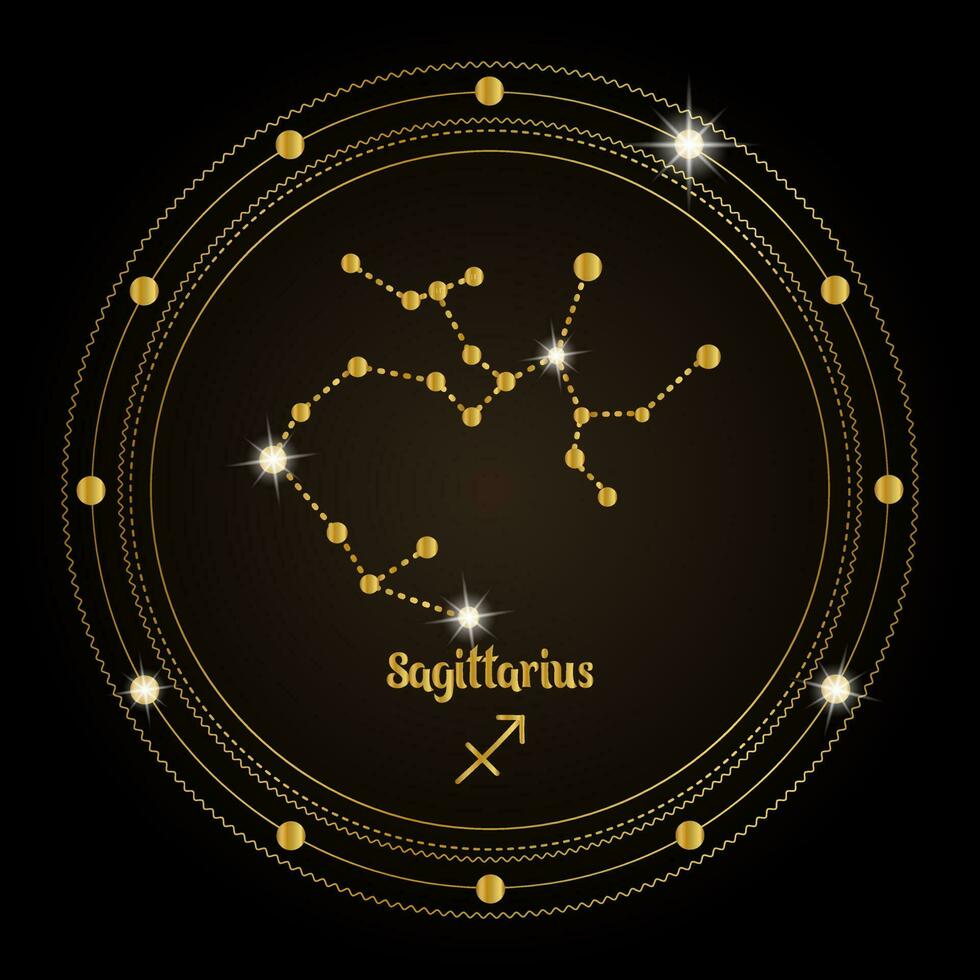 skytten, konstellation av de zodiaken tecken i de kosmisk magi cirkel. gyllene design på en mörk bakgrund. vektor