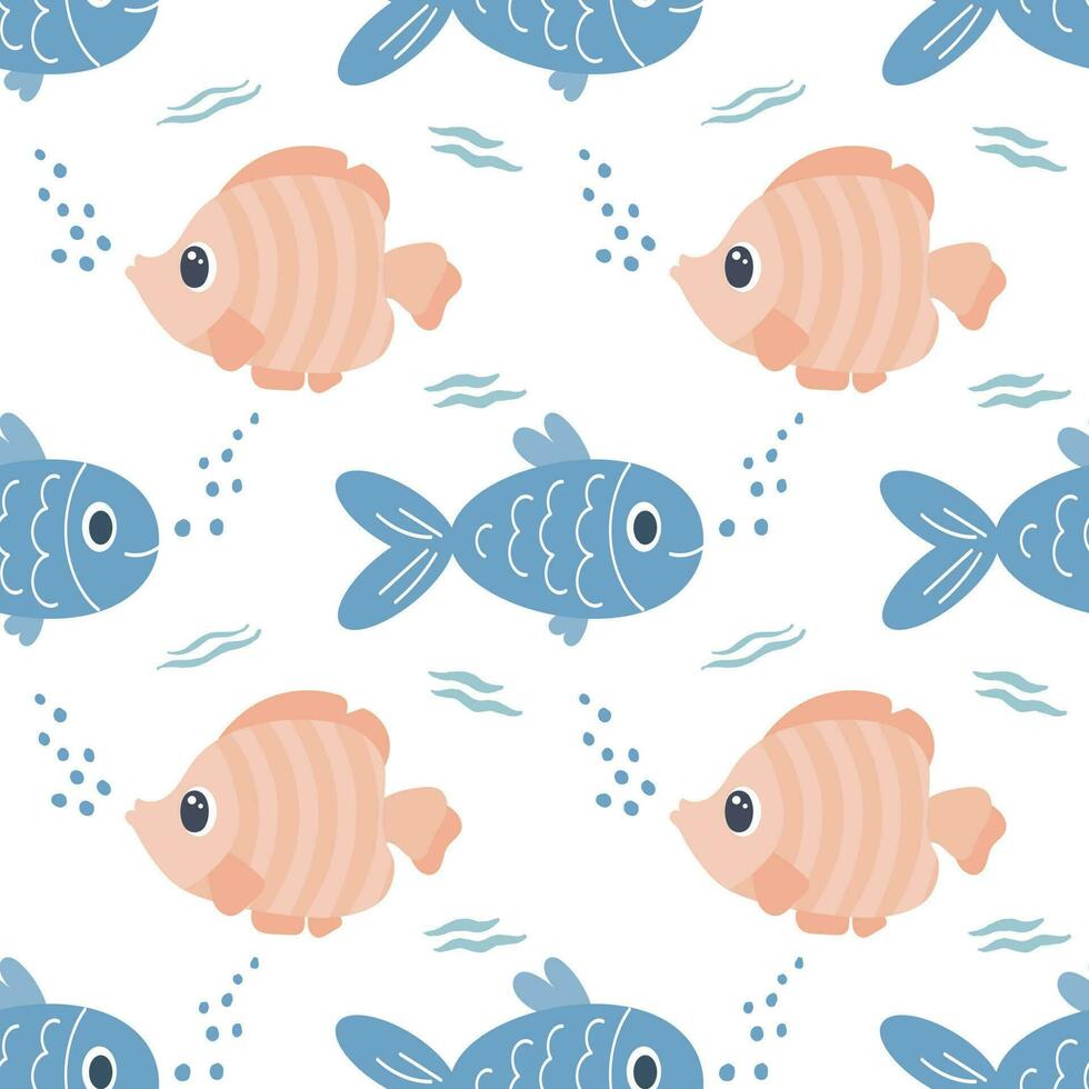 sömlös mönster med söt tecknad serie söt fisk på en vit bakgrund. barns skriva ut, textil, vektor