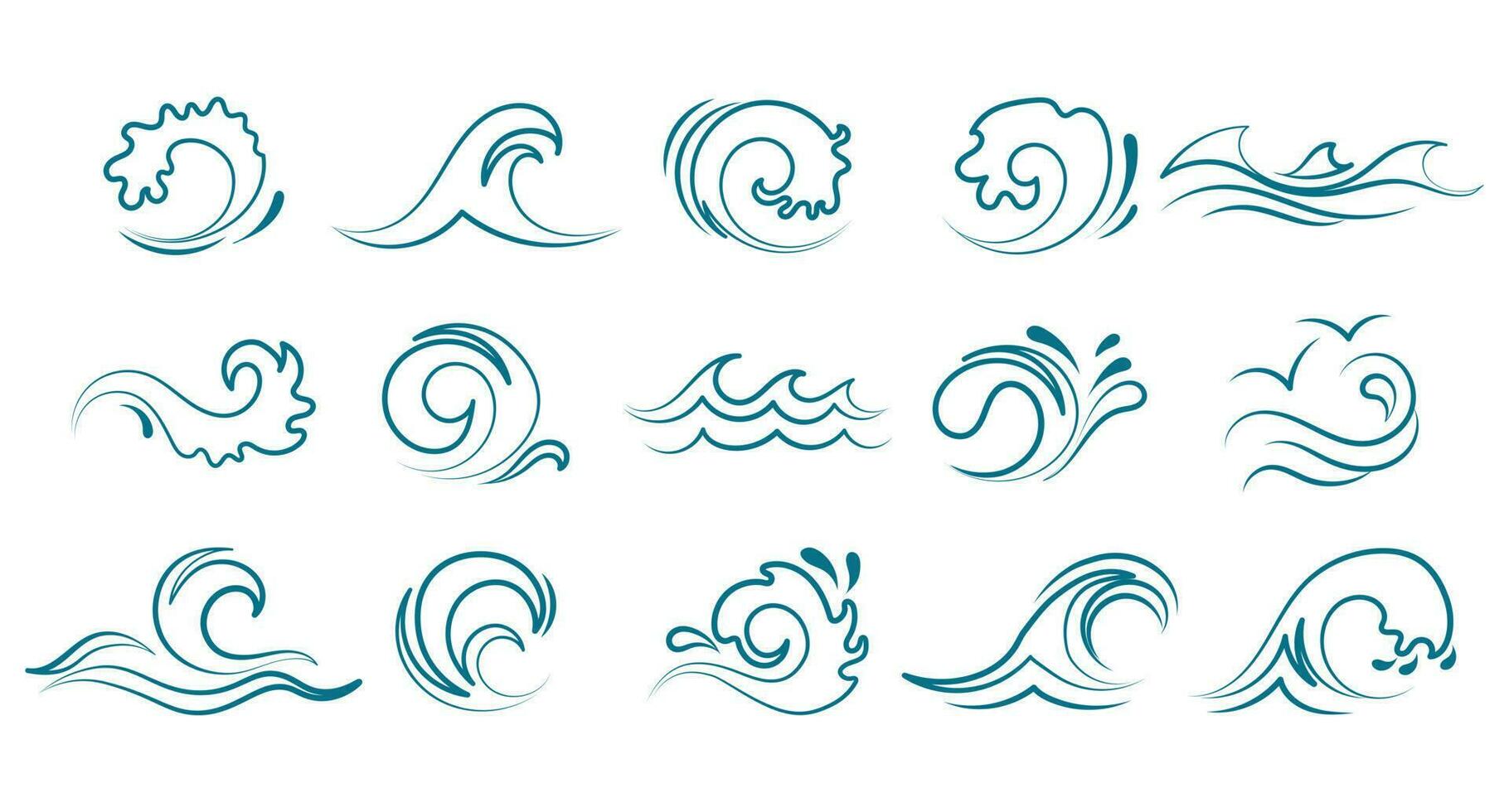 Blau Ozean Meer Wellen Satz. Linie Symbole, Logos, Vektor