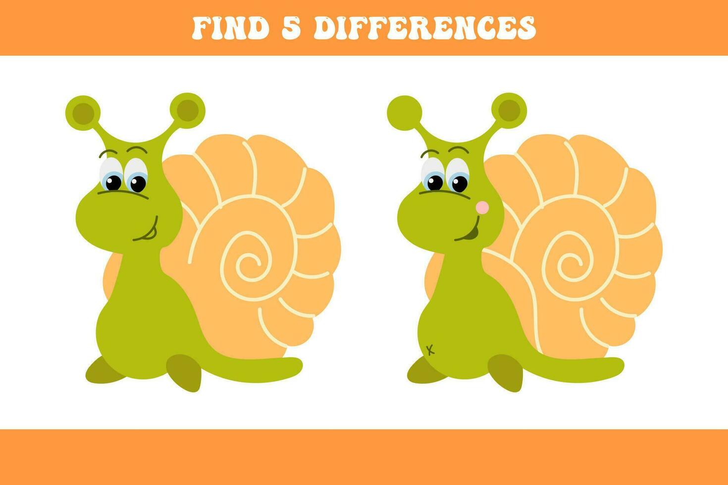 hitta 5 skillnader mellan två tecknad serie sniglar. barns logik spel, pedagogisk pussel, vektor