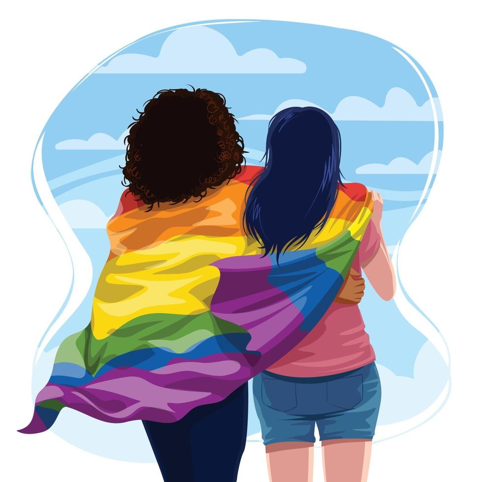 lesbisk par kramar med stolthet HBTQ flagga vektor
