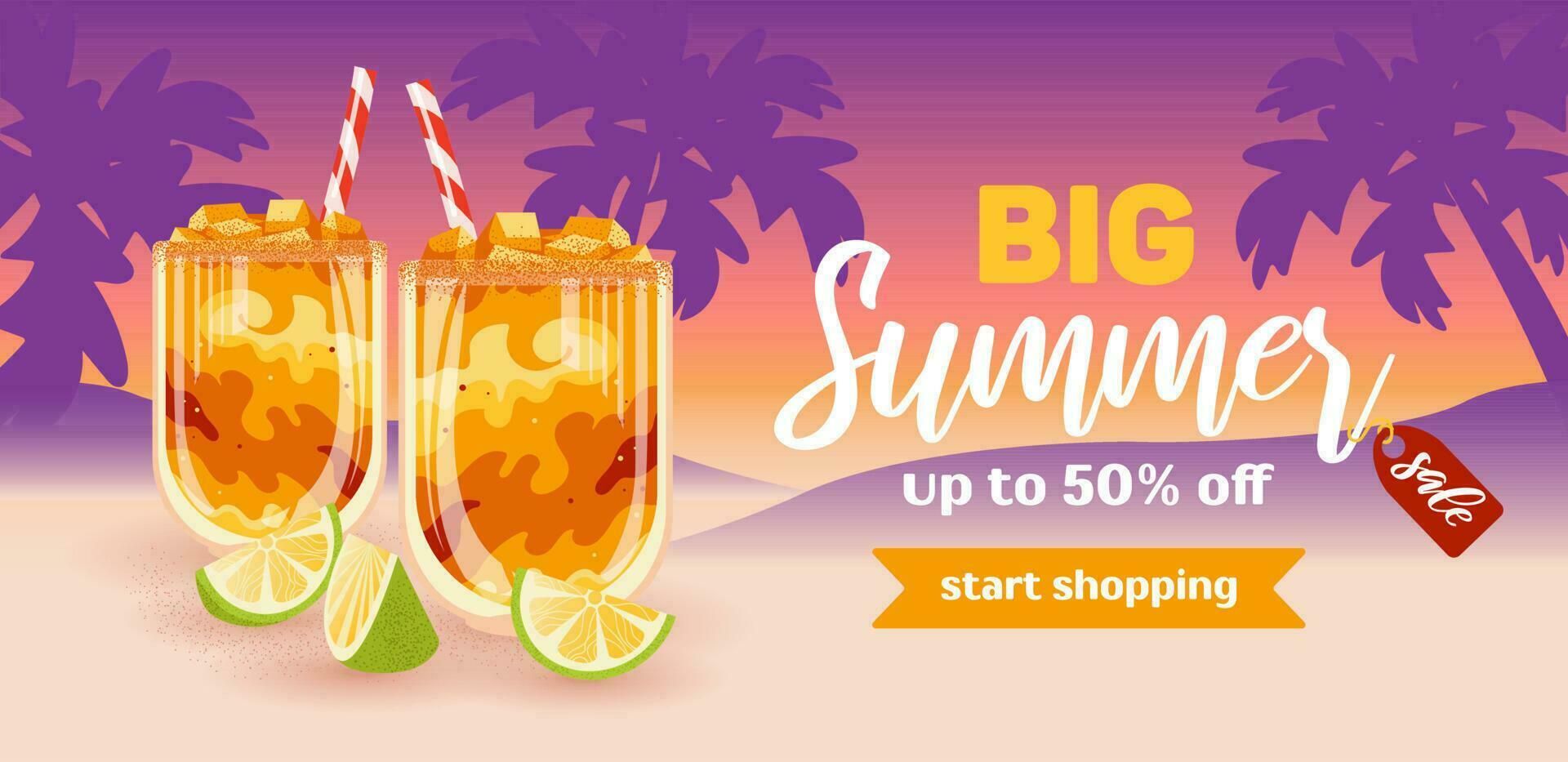 groß Sommer- Verkauf. Cocktails, Sonnenuntergang, Palme Dünen. horizontal Banner im realistisch Stil. Mangonade, Mexikaner Mango Smoothie mit Chili. Gläser, Kalk. zum Werbung Banner, Webseite, Poster, Verkauf Flyer. vektor