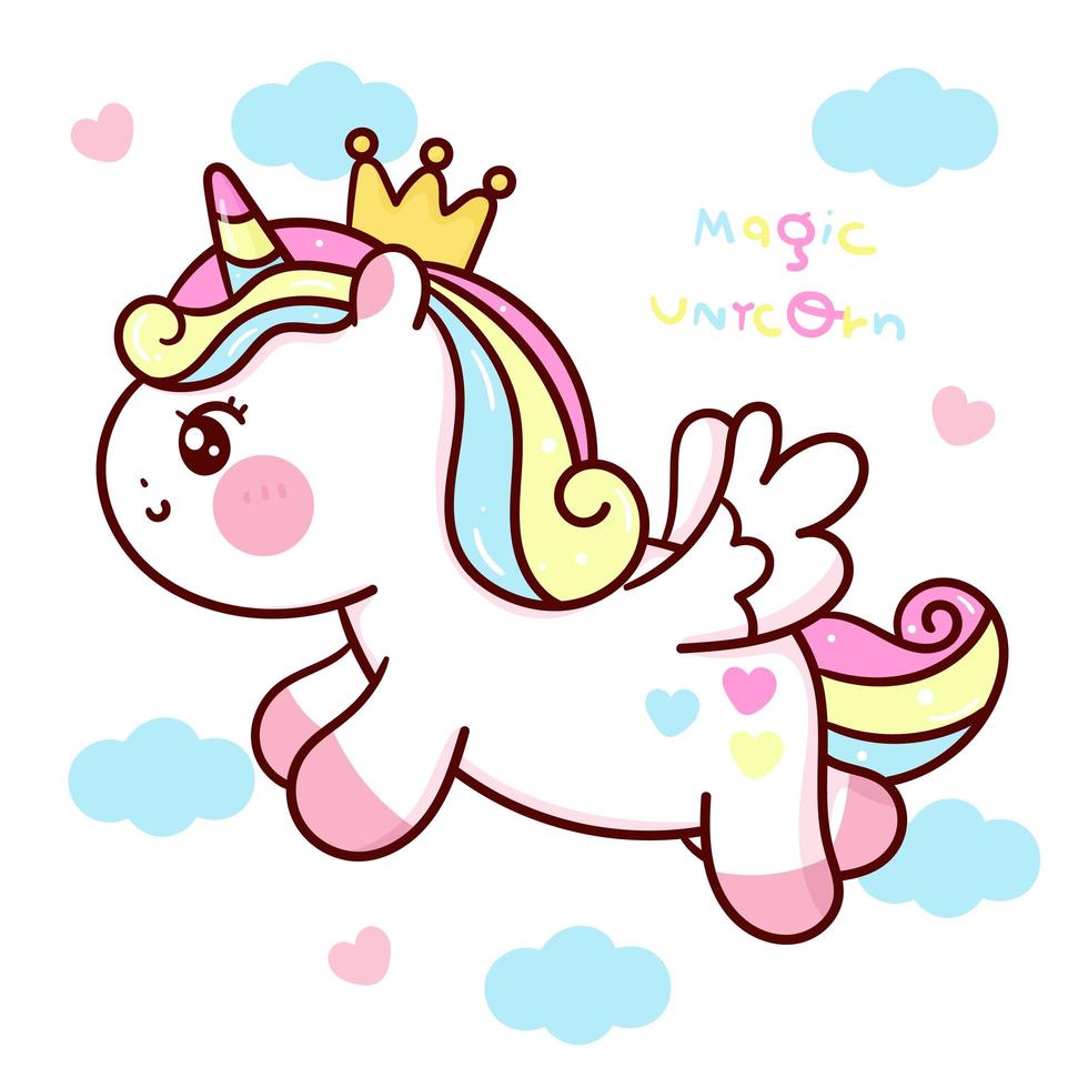 niedliche Einhorn Vektor Prinzessin Pegasus Pony Cartoon fliegen in Himmel kawaii Tiere Hintergrund Serie Märchen Charaktere Pferd