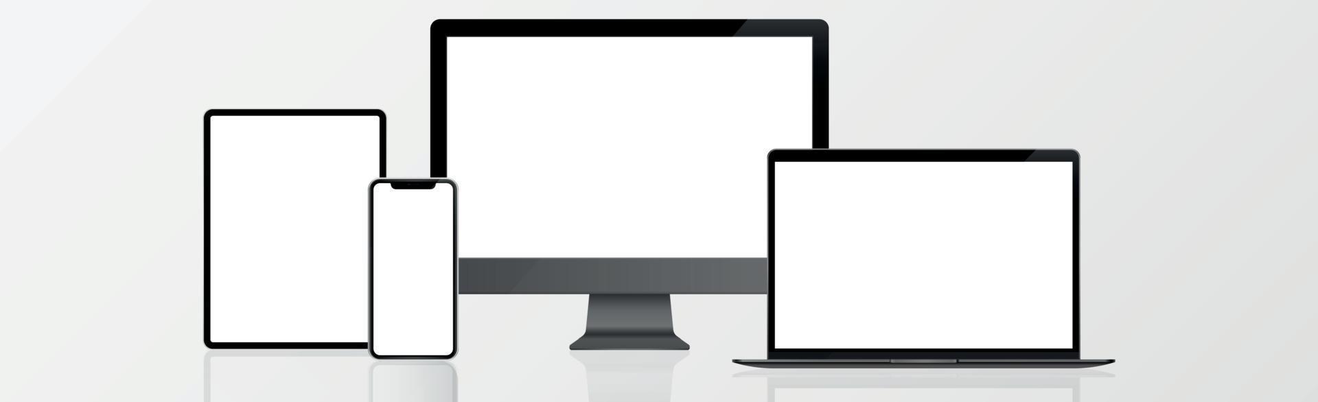 pc-skärm, bärbar dator, surfplatta, smartphone i svart, silver och vitt med reflektion - realistisk vektor