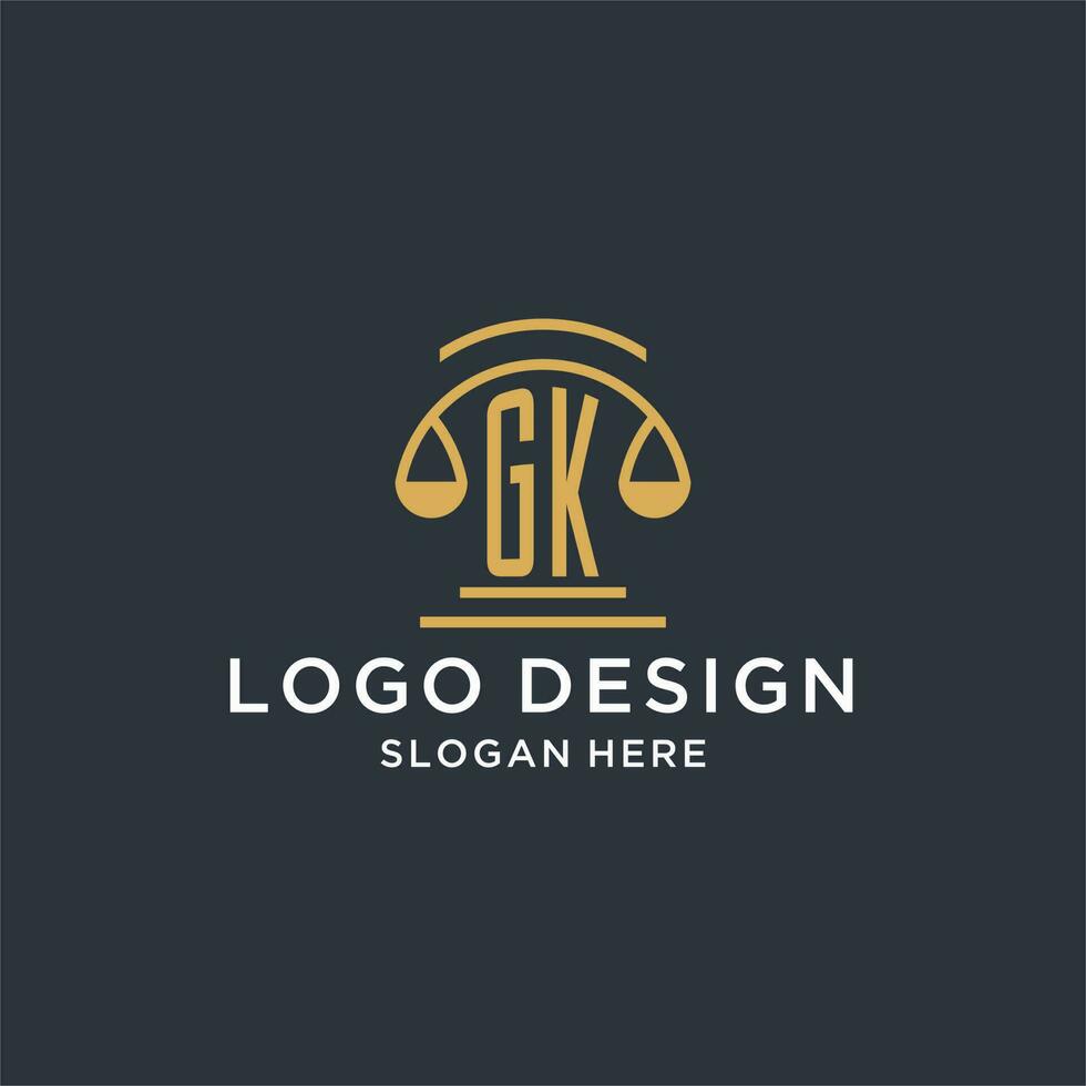 gk första med skala av rättvisa logotyp design mall, lyx lag och advokat logotyp design idéer vektor