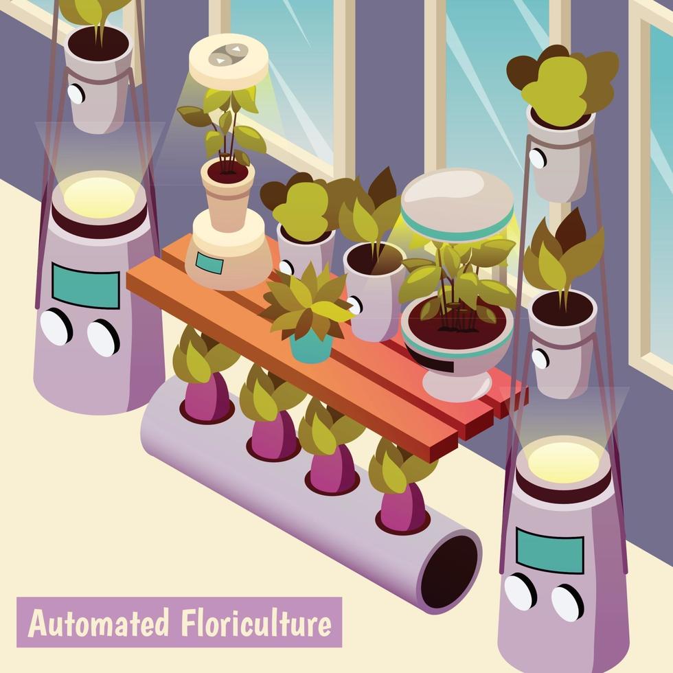 automatisierte isometrische Hintergrundvektorillustration der Blumenzucht vektor