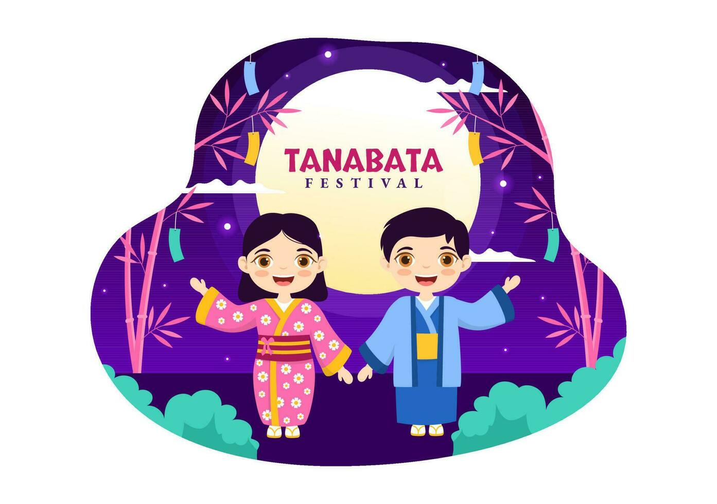 tanabata festival vektor illustration med barn bär kimono och pioner blommor i nationell Semester platt tecknad serie hand dragen mallar