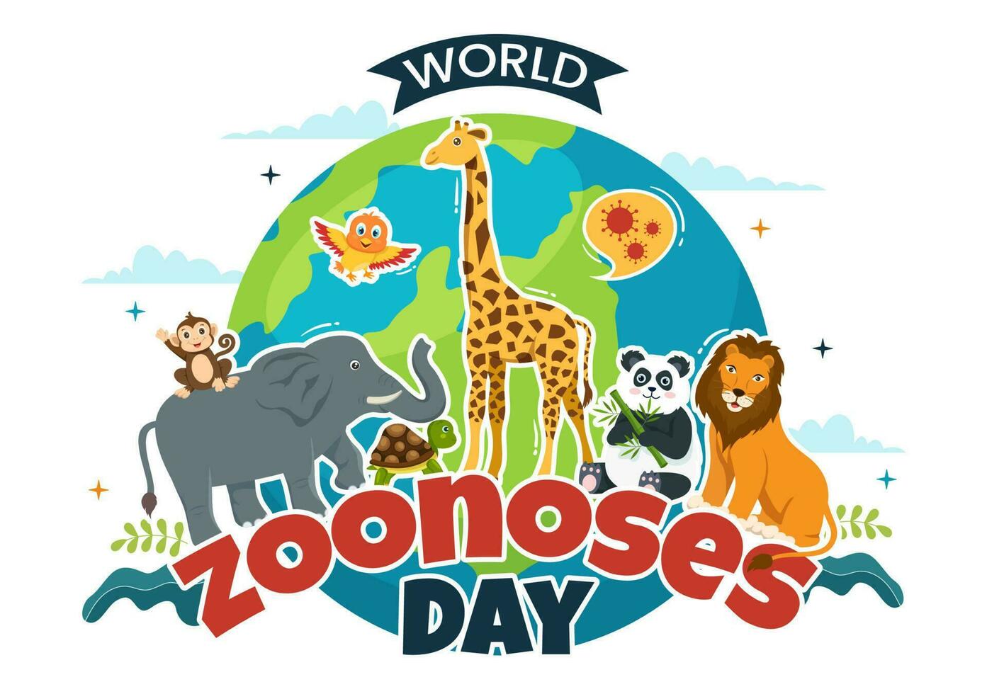 Welt Zoonosen Tag Vektor Illustration auf 6 Juli mit verschiedene Tiere welche ist im das Wald im eben Karikatur Hand gezeichnet Landung Seite Vorlagen