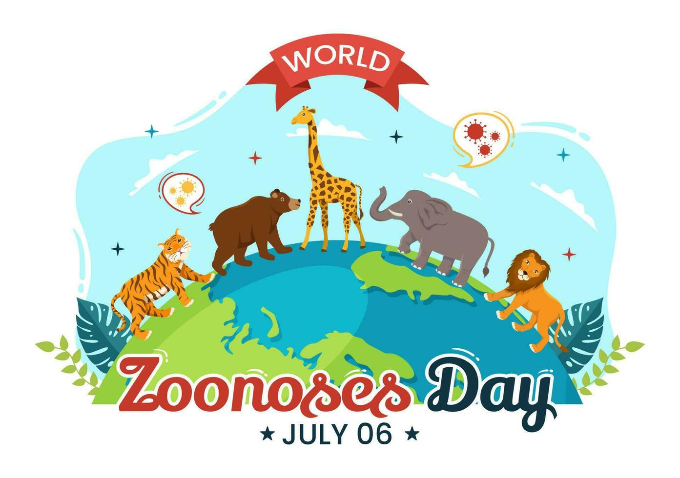 värld zoonoser dag vektor illustration på 6 juli med olika djur som är i de skog i platt tecknad serie hand dragen landning sida mallar