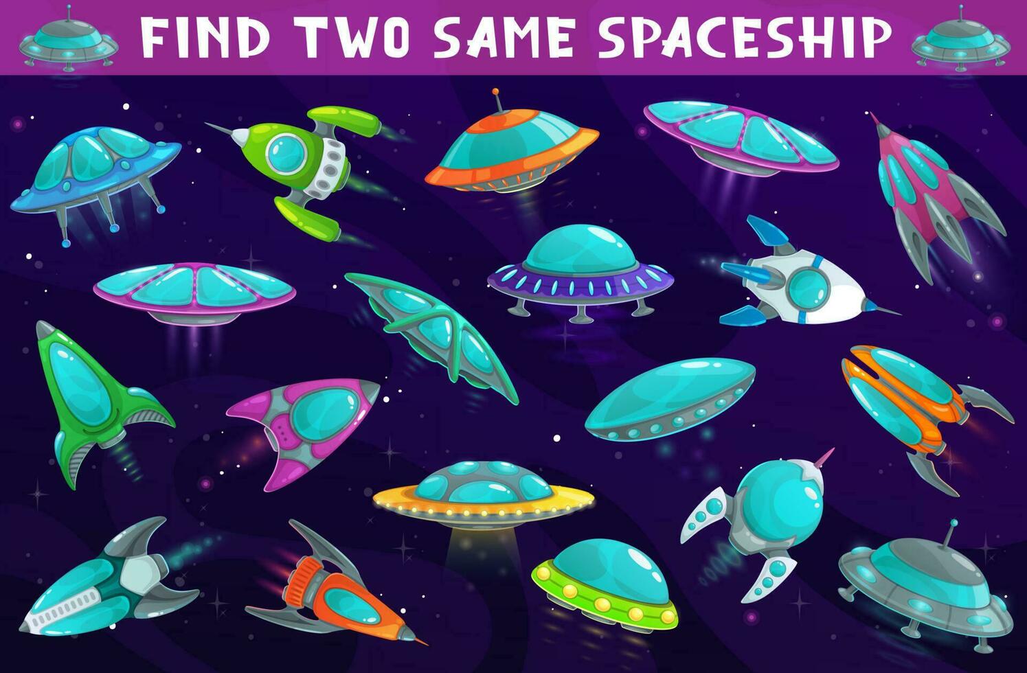 barn spel eller pussel, hitta två samma rymdskepp, UFO vektor