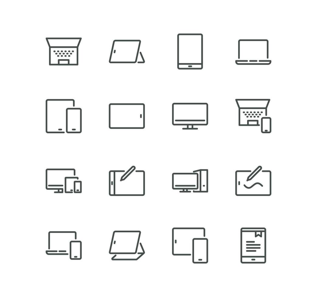uppsättning av personlig enheter relaterad ikoner, läsplatta, skrivbordet pc arbetsstation, övervaka, visa, bärbar enhet, bärbar dator, tangentbord och linjär mängd vektorer. vektor