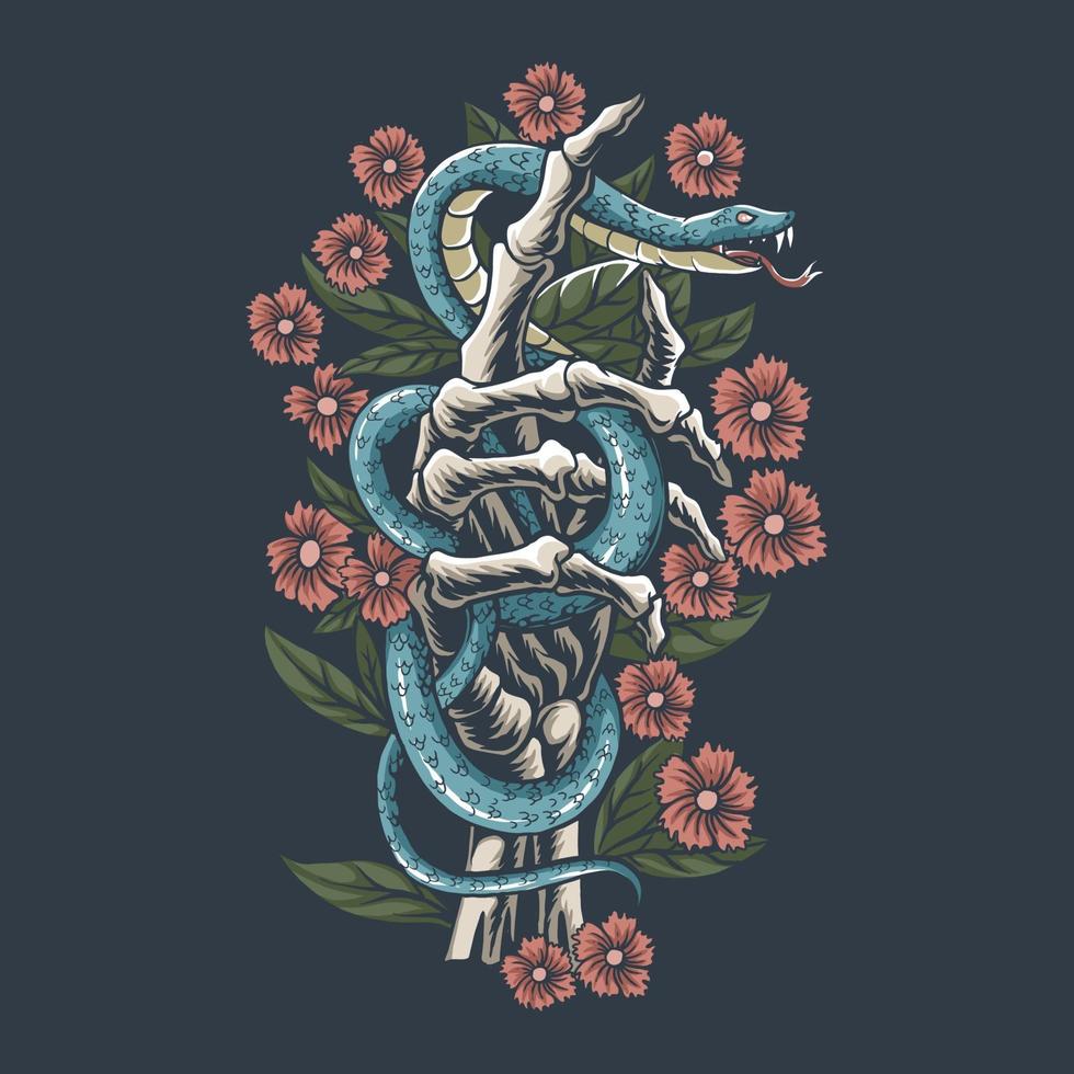 Die Schlange ist auf den Handknochen des Skeletts mit Blumen vektor