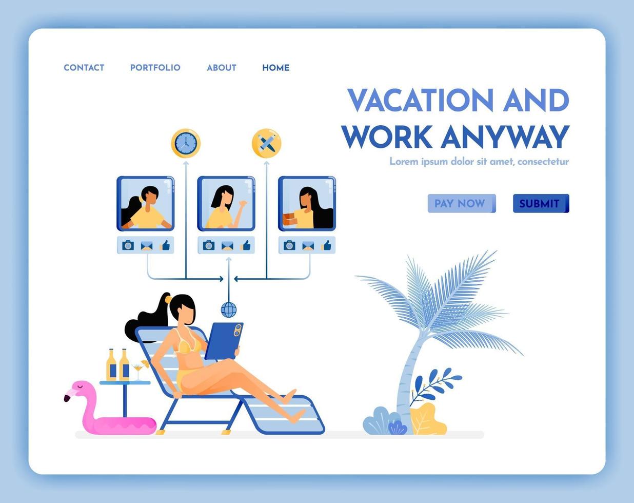 Reise-Website mit dem Thema Urlaub und Arbeit, virtuelles Treffen am Strand mit Internet-Service im Urlaub Vektor-Design kann für Poster Bannerwerbung Website Web-Marketing-Flyer verwendet werden vektor