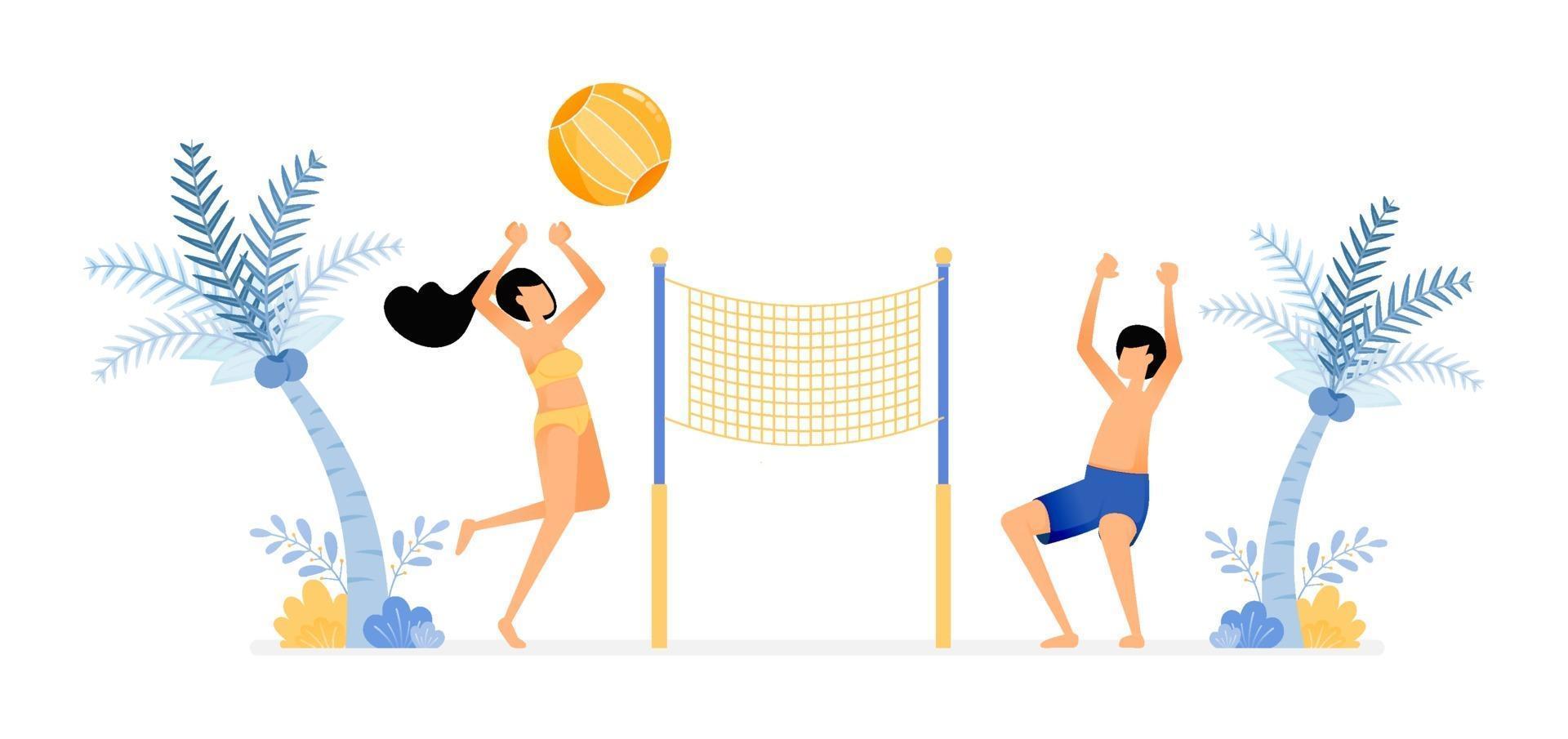 lycklig semesterillustration av par som njuter av en semester på stranden genom att spela volleyboll för att varva ner roliga strandsportvektordesign kan användas för affischbannerannonswebbplats mobil mobil marknadsföring vektor