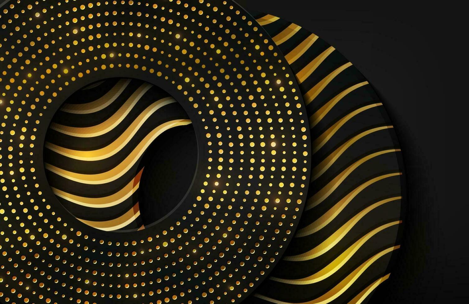 lyxig 3d realistisk bakgrund med guldcirkelform vektorillustration av svarta cirkelformar texturerat med gyllene vågiga linjer vektor