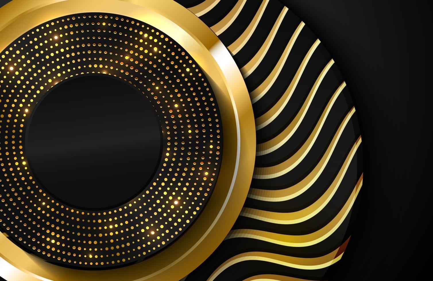 lyxig 3d realistisk bakgrund med guldcirkelform vektorillustration av svarta cirkelformar texturerat med gyllene vågiga linjer vektor