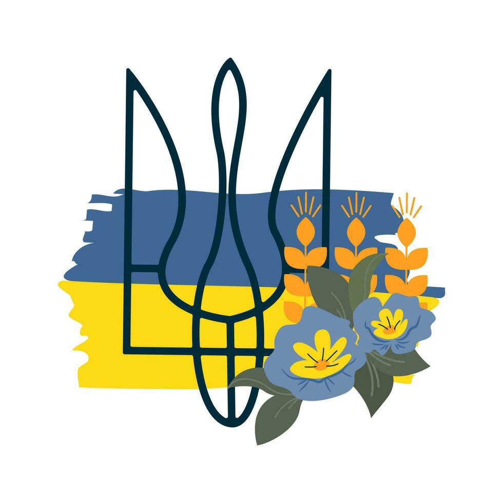 emblem av ukraina på de bakgrund av gul och blå flagga dekorerad med blommor på vit bakgrund, vektor illustration