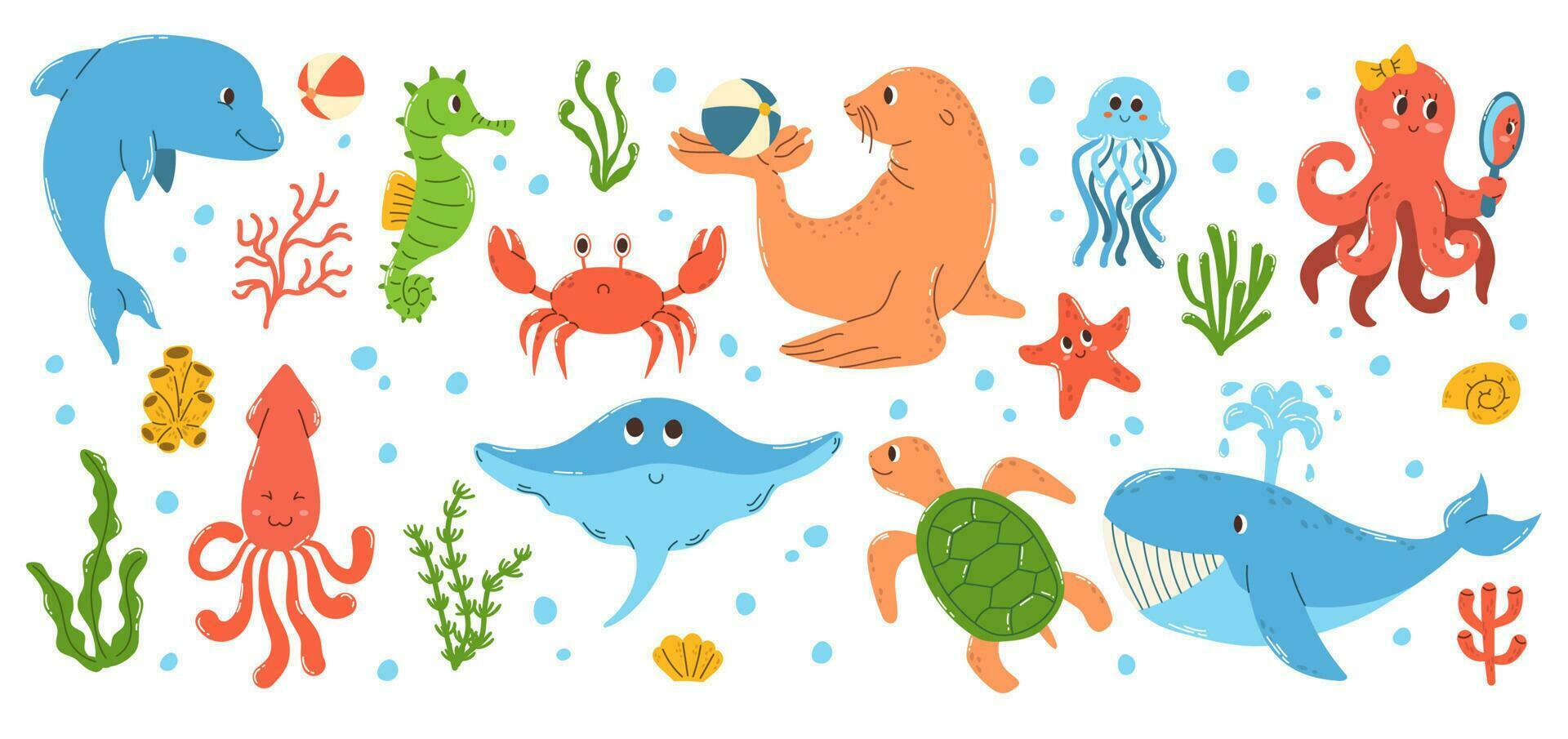 uppsättning av färgrik hand dragen marin djur och objekt under vattnet värld i platt vektor stil.