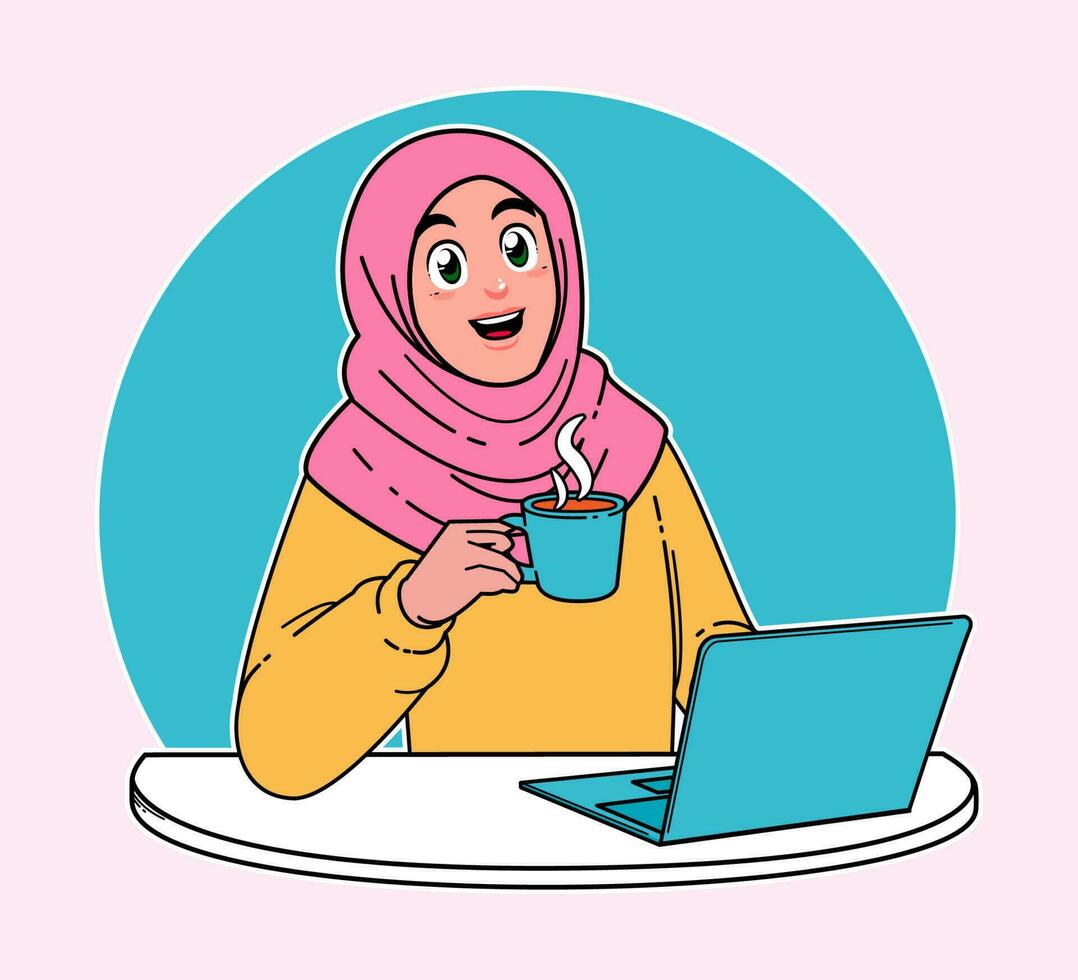 Hijab Frau, Frau Arbeiten auf ein Laptop, ein Tasse von heiß Kaffee vektor