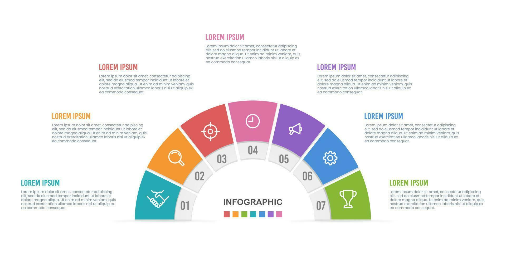 Halbkreis Infografik Vorlage 7 Schritte oder Optionen. Vektor Illustration.