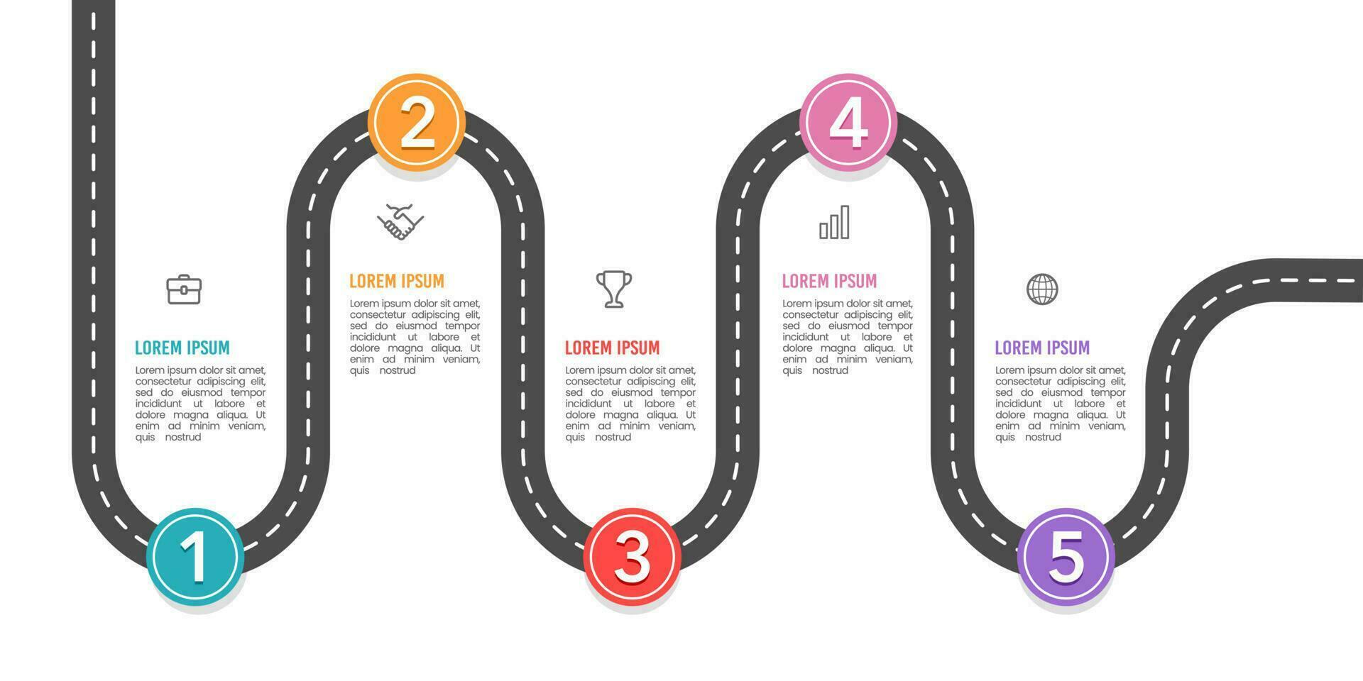 Infografik Meilenstein Zeitleiste Roadmap 5 Punkte zu Erfolg. Vektor Illustration.