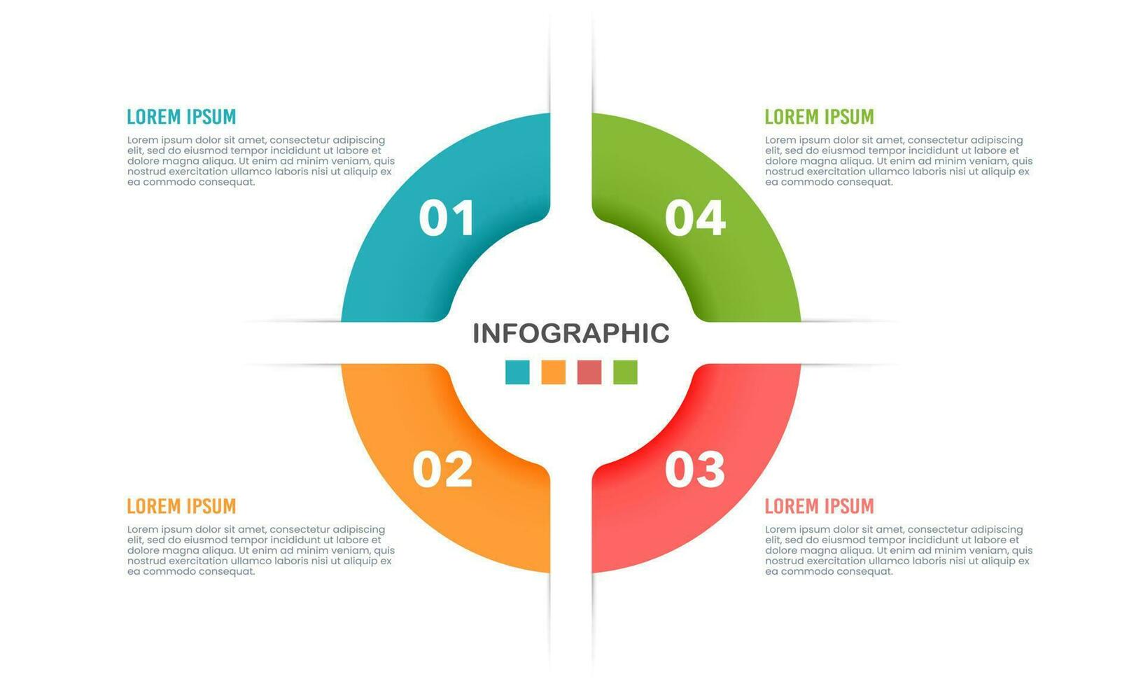 Infografik Kreis 4 Schritte oder Optionen zu Erfolg. Planung, Strategie, Marketing. Vektor Illustration.