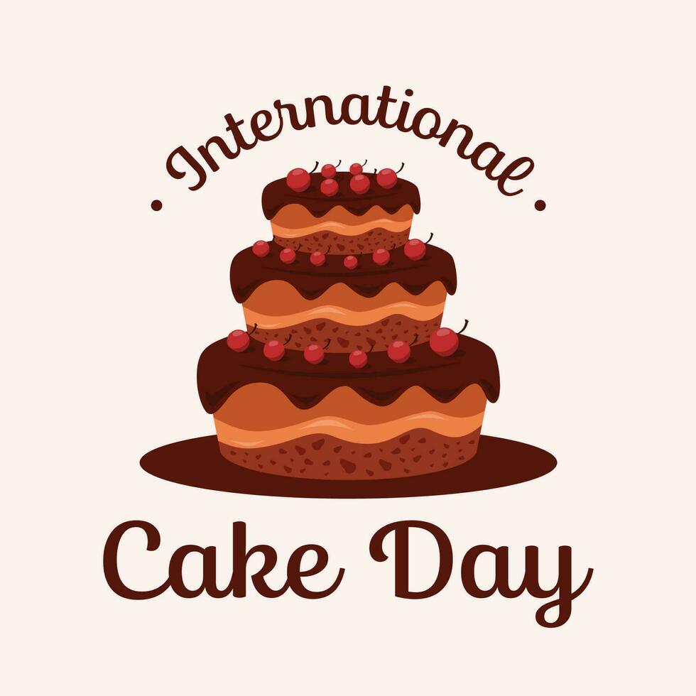 internationell kaka dag kalligrafi hand text med brun kaka och körsbär frukt vektor