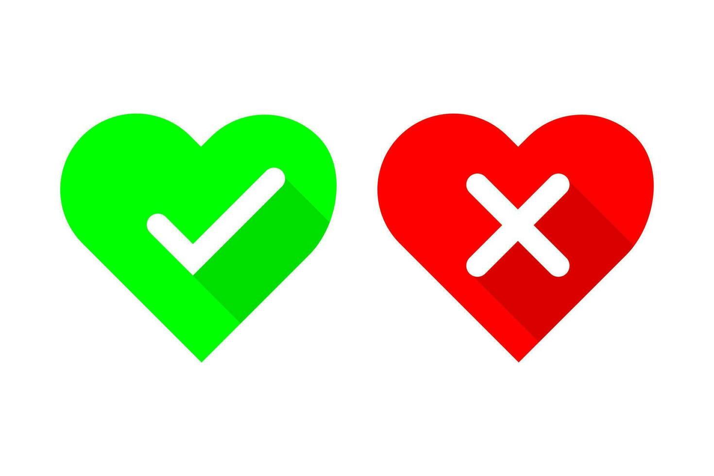 röd och grön hjärtan med ja och Nej kolla upp märken platt ikon vektor illustration design för kärlek begrepp.