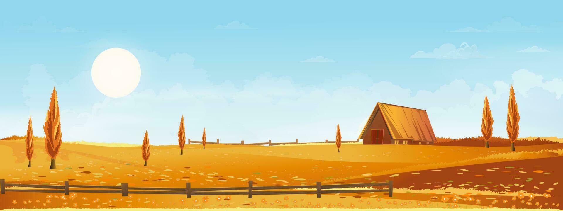 höst panorama landskap bruka fält med blå himmel, panorama se höst lantlig landsbygden med gul, orange lövverk, vektor tecknad serie falla säsong med kopia Plats för baner bakgrund