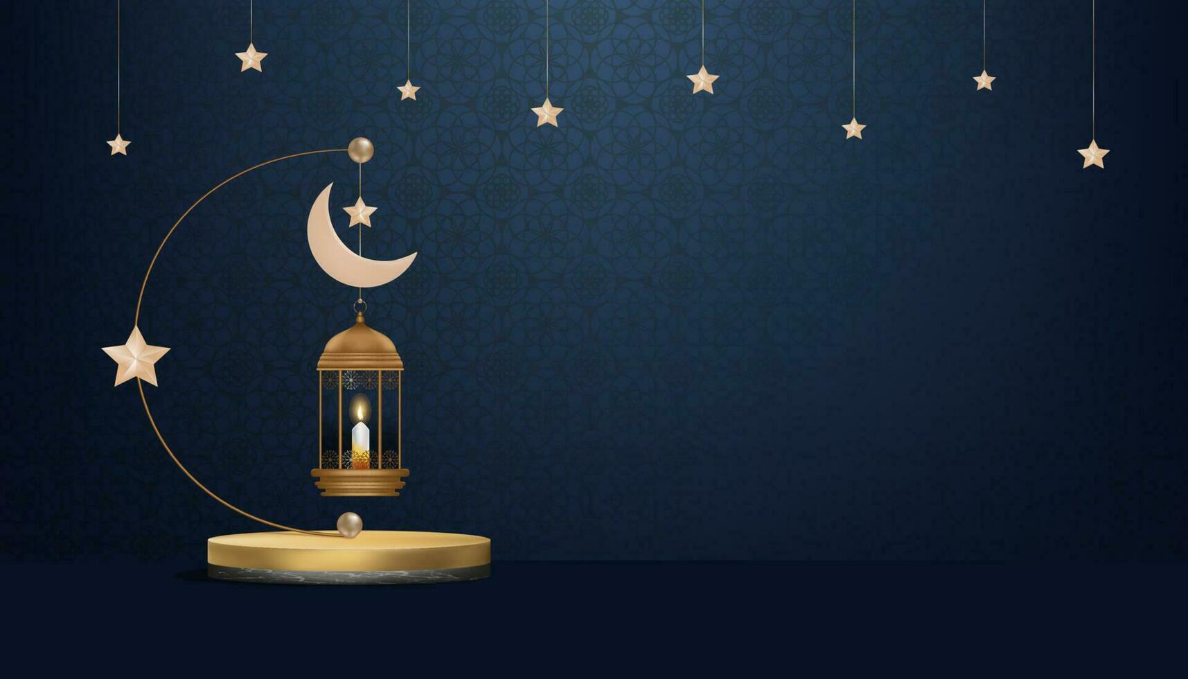 islamic podium med traditionell islamic lykta med halvmåne måne stjärna hängande på blå bakgrund, vektor bakgrund av religion av muslim symboliskt, eid ul fitr, ramadan kareem, eid al adha, eid mubarak