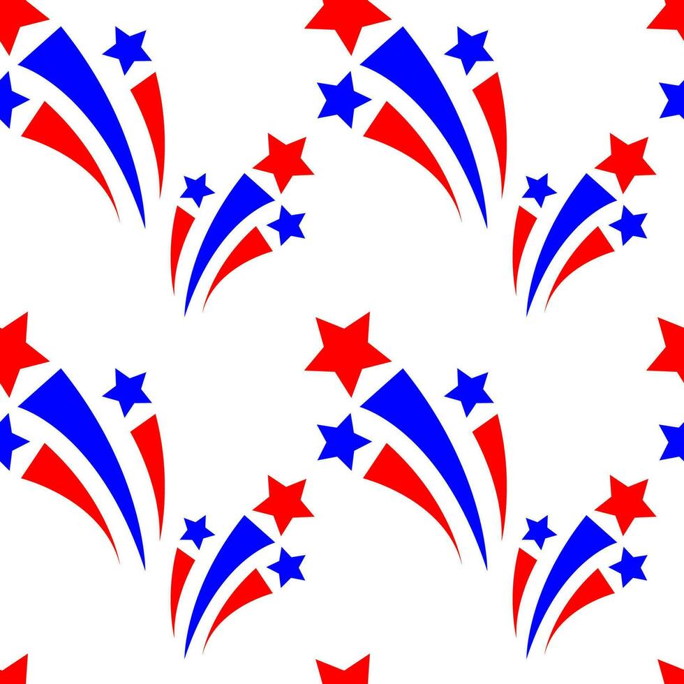 nahtlos Muster mit süß Feuerwerk auf ein Weiß Hintergrund. amerikanisch Unabhängigkeit Tag, 4 .. Juli Feier. es können Sein benutzt zum Verpackung, Verpackung Papier, Textil- und usw. Vektor Karikatur Illustration.