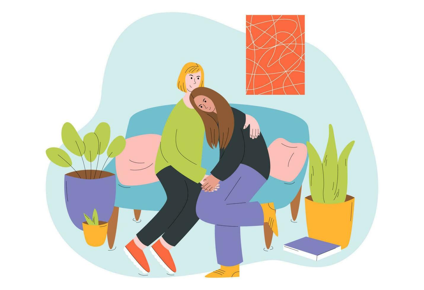 das Paar ist Sitzung auf das Couch. zwei Mädchen Umarmung. einer Mädchen Komfort andere. Lesben Liebe, Freundschaft. Vektor Karikatur eben Illustration.