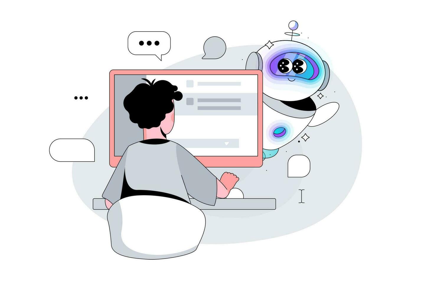 Roboter Charakter späht aus von hinter ein Computer Monitor. männlich Benutzer tritt ein ein Anfrage zu künstlich Intelligenz. Mann schreibt ein Frage im Chatbot vektor