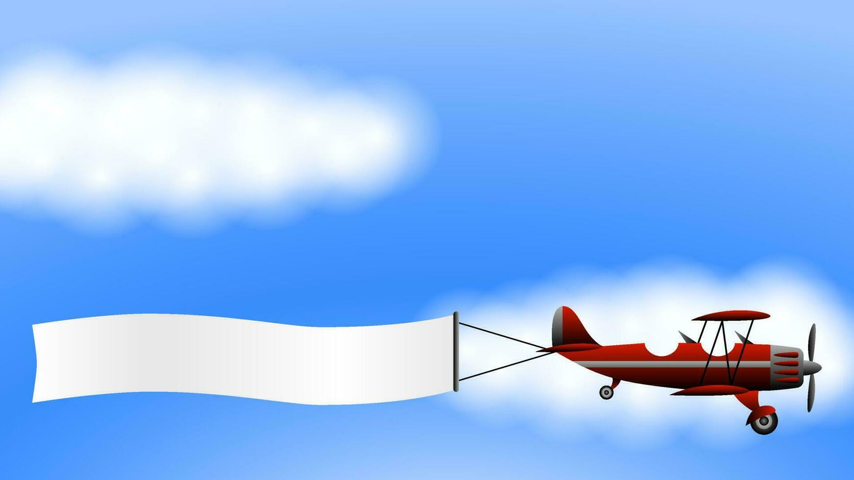 ein rot Doppeldecker Flugzeug mit ein Werbung Banner auf das Hintergrund von Wolken vektor