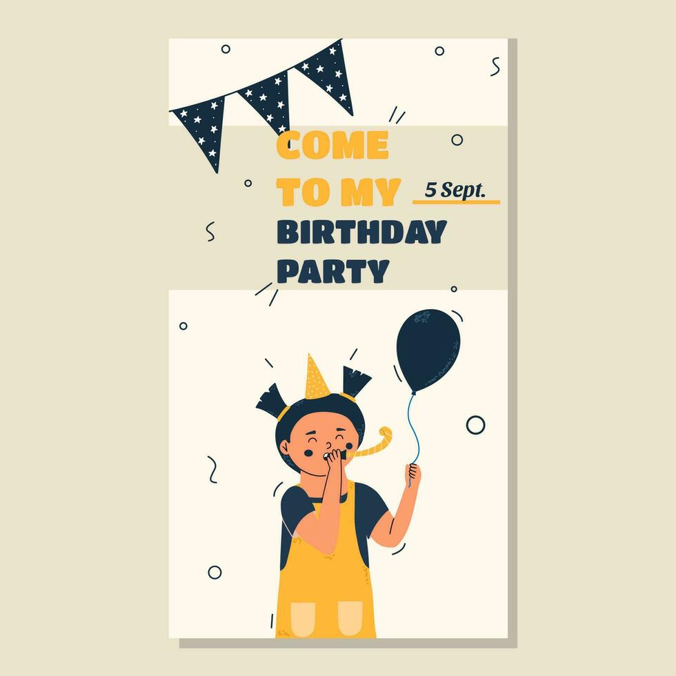 festlich Design zum Kinder- Geburtstag Party mit ein Kind. Vorlage zum Flyer, Postkarte, Einladung. Vektor Illustration im Hand gezeichnet Stil