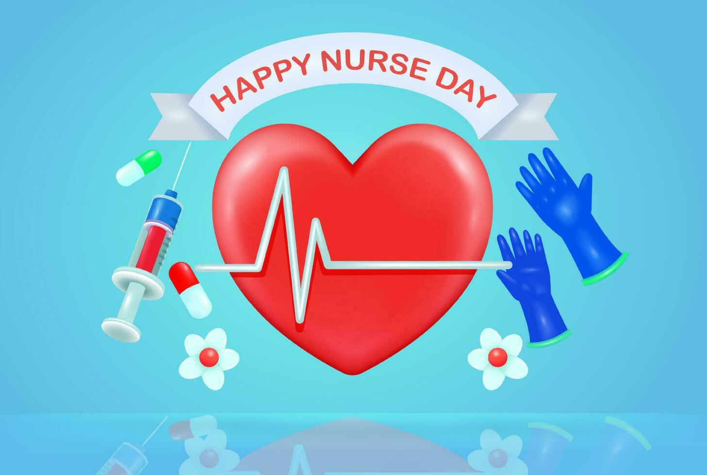 internationell sjuksköterska dag. 3d vektor element av hjärta, medicinsk handskar, injektioner och kapslar. medicinsk bakgrund