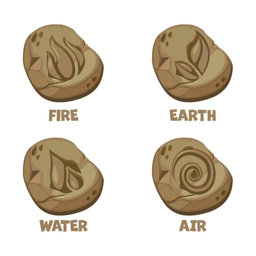 amuletter stenar-luft ,vatten, brand, jorden. abstrakt vind, luft, brand, vatten, jord symbol design på stenar för spel eller app begrepp. vektor